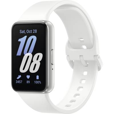 Weiße Smartwatch mit rechteckigem Display zeigt Datum 'Sa, 28. Okt' und Uhrzeit '10:08'. Symbole für Schritte, Herzfrequenz, Akku angezeigt.