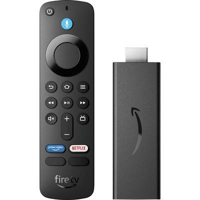 Fernbedienung und Streaming-Stick. Die Fernbedienung hat Tasten für Sprachsteuerung, Lautstärke, Navigation und Streaming-Dienste.