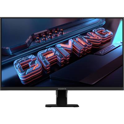 Ein Computermonitor zeigt in neonblauen und roten Buchstaben das Wort 'GAMING'. Oben sind leuchtende Tasten zu sehen.