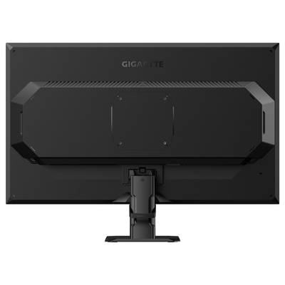 Die Rückseite eines schwarzen Monitors der Marke Gigabyte, auf einem Standfuß montiert, ohne sichtbare Anschlüsse oder Kabel.