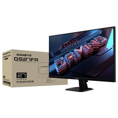Ein 27-Zoll-Monitor von Gigabyte, Modell GS21FA, neben der Verpackung. Auf dem Bildschirm steht 'GAMING' in roten leuchtenden Buchstaben.