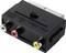 Schwarzer SCART-Adapter mit Ein- und Ausgängen für Audio (links/rechts) und Video (S-Video und Composite).