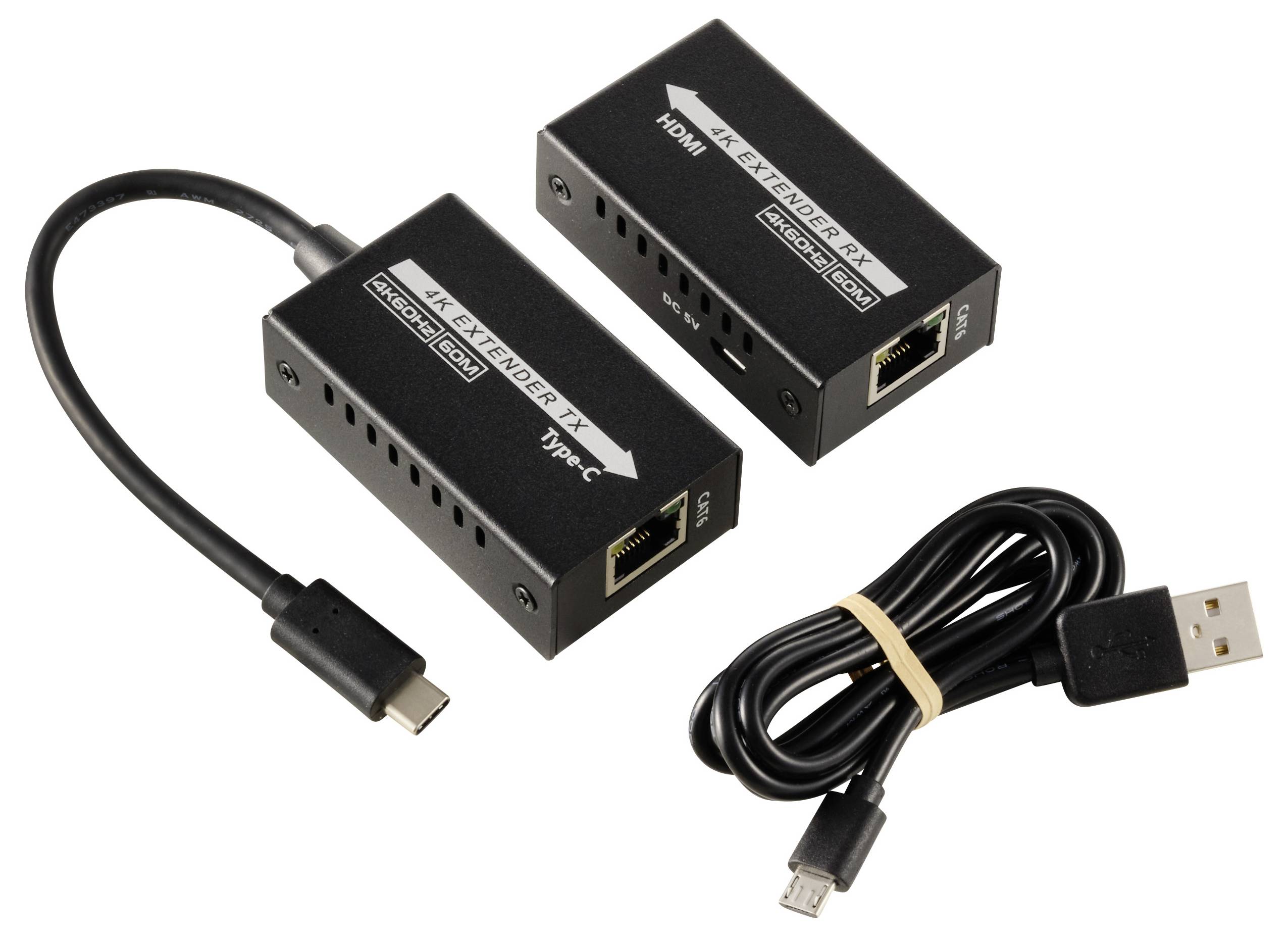 Zwei schwarze 4K-Extender-Module mit HDMI- und Typ-C-Anschlüssen. Ein USB-Kabel mit Micro-USB-Anschluss liegt daneben.