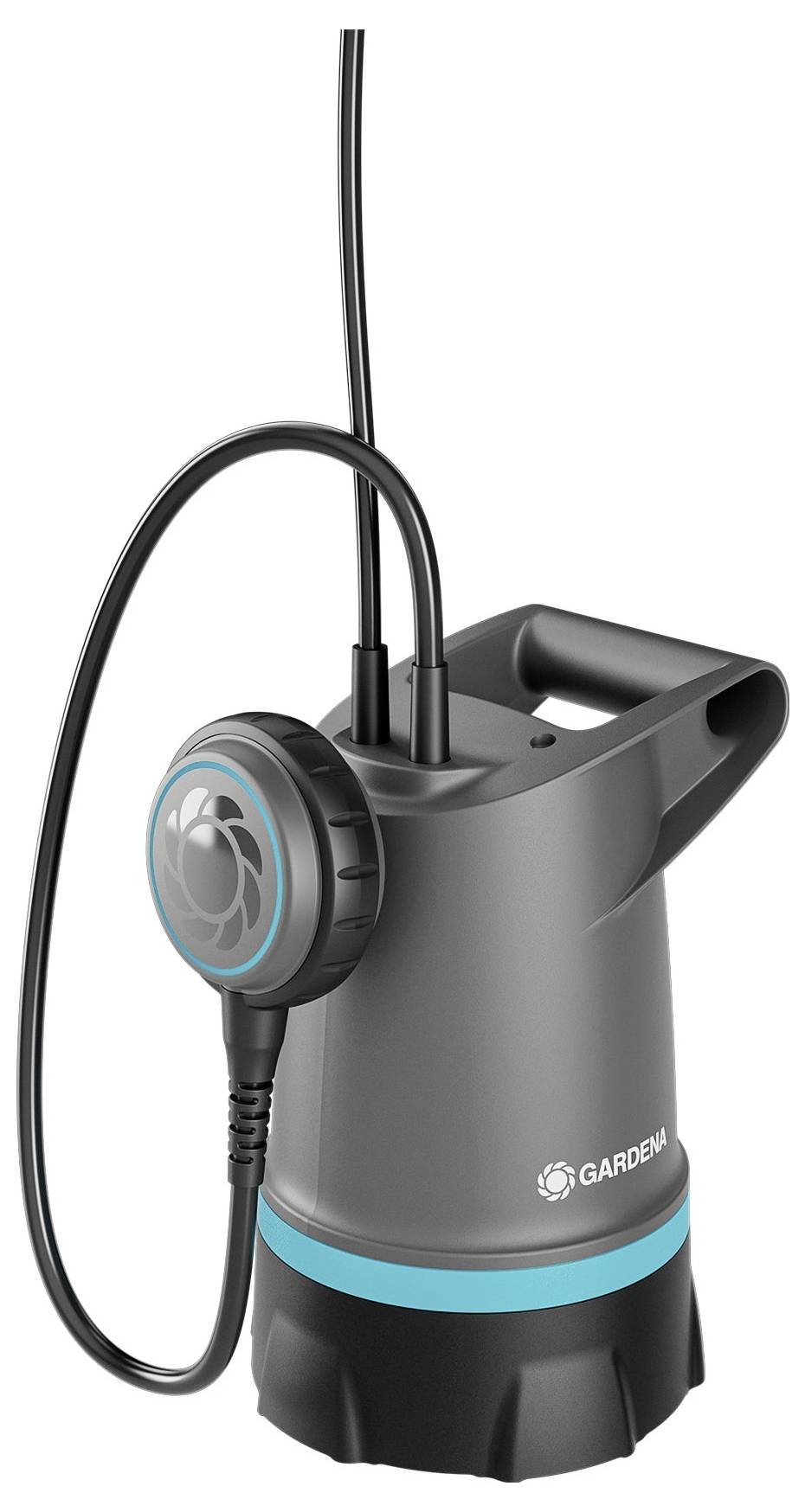 Eine graue Tauchpumpe mit einem blauen Ring und Kabel, geeignet für Entwässerung und Regenwasseranwendungen. Gardena-Logo sichtbar.