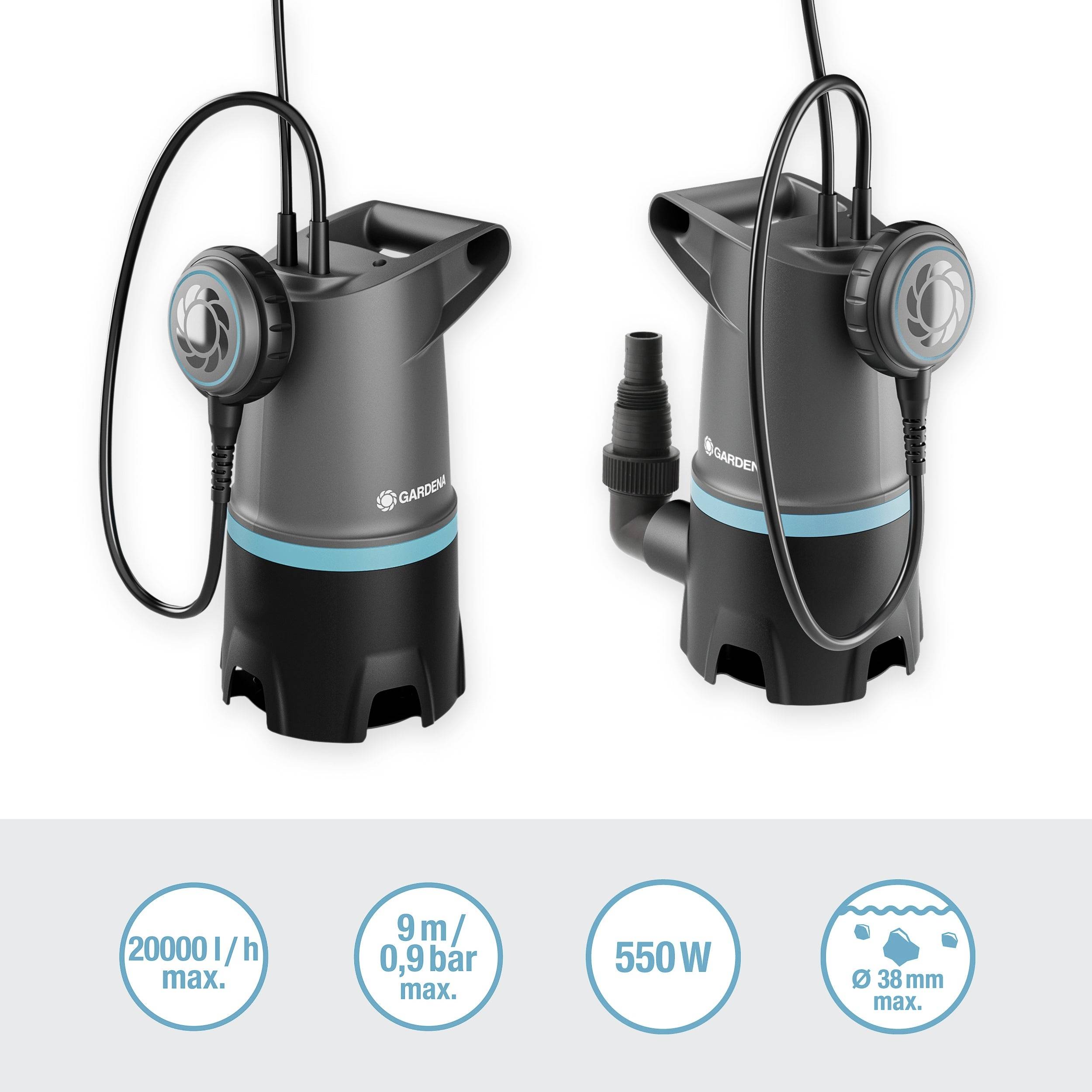 Tauchpumpe in Schwarz und Blau mit Markennamen, 550 W Leistung, Förderhöhe bis 9 m, max. Fördermenge 20000 l/h, 38 mm Anschlüsse.