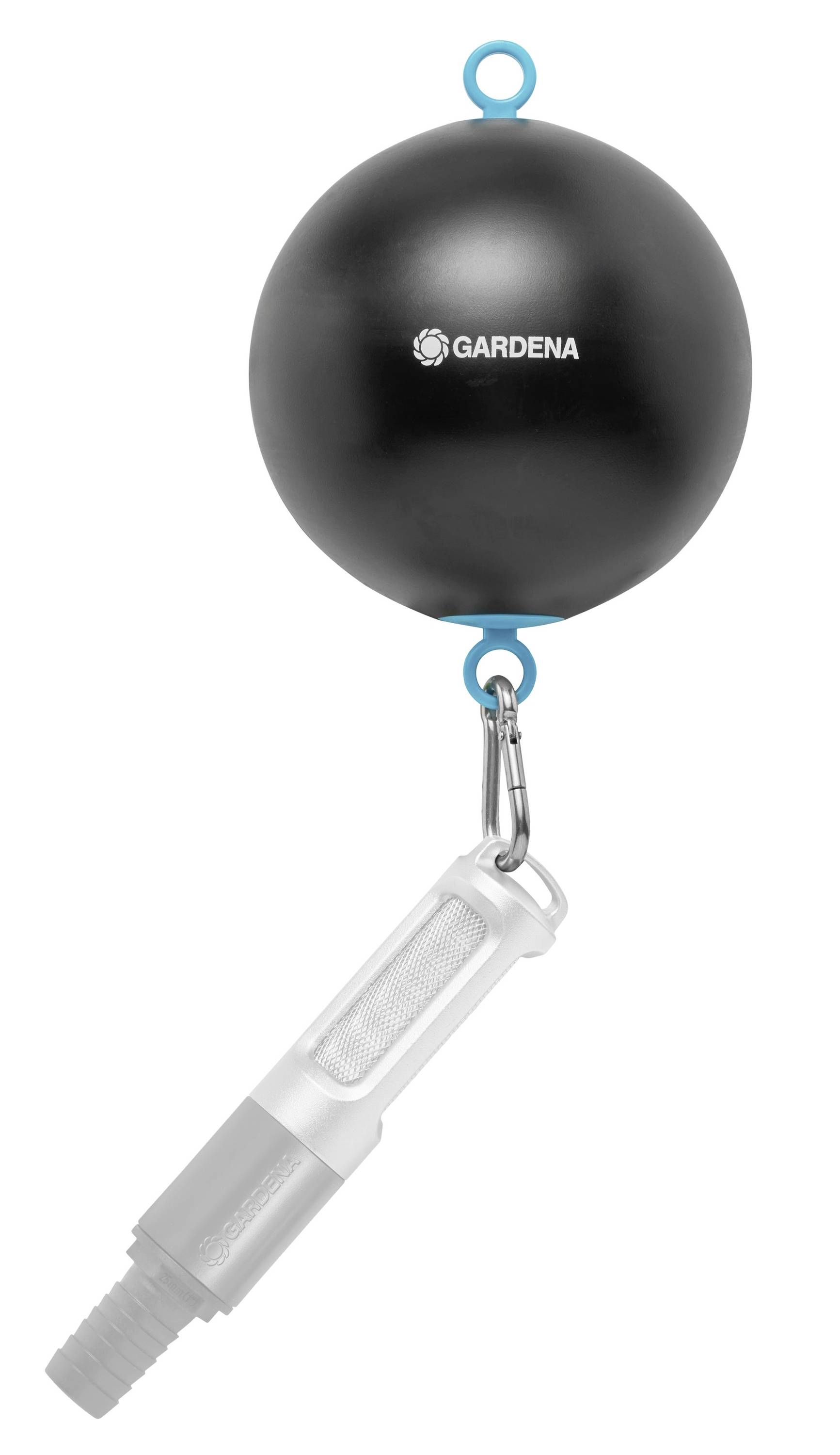 Schwimmender Saugfilter von Gardena, schwarz mit blauem Ring. Hängendes Design, ideal für den Anschluss an Pumpen oder Schläuche.