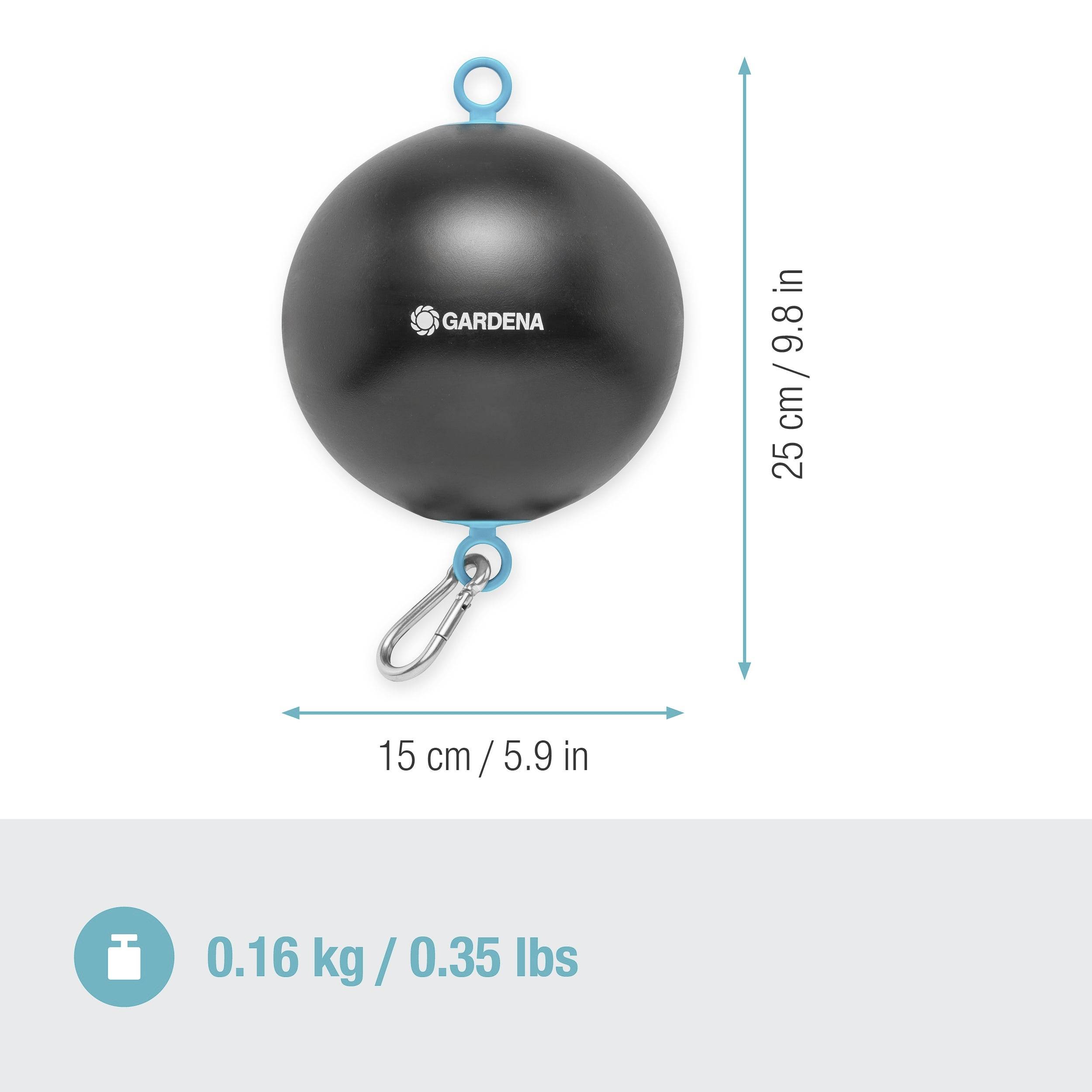 'Gardena' Beschwerungskugel, schwarz, 25 cm hoch, 15 cm Durchmesser, 0,16 kg. Enthält einen Haken zum Aufhängen.