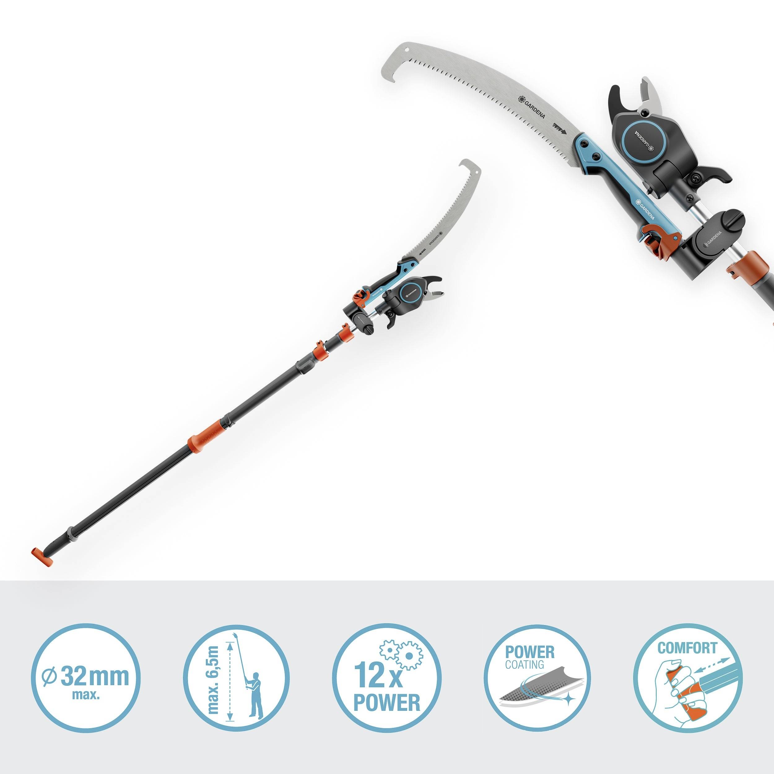 Teleskop-Baumschneider mit Säge und Schere, ausziehbar, zum Beschneiden hoher Äste. Piktogramme zeigen Funktionen: Reichweite, Schneidkraft, Komfort, Beschichtung.