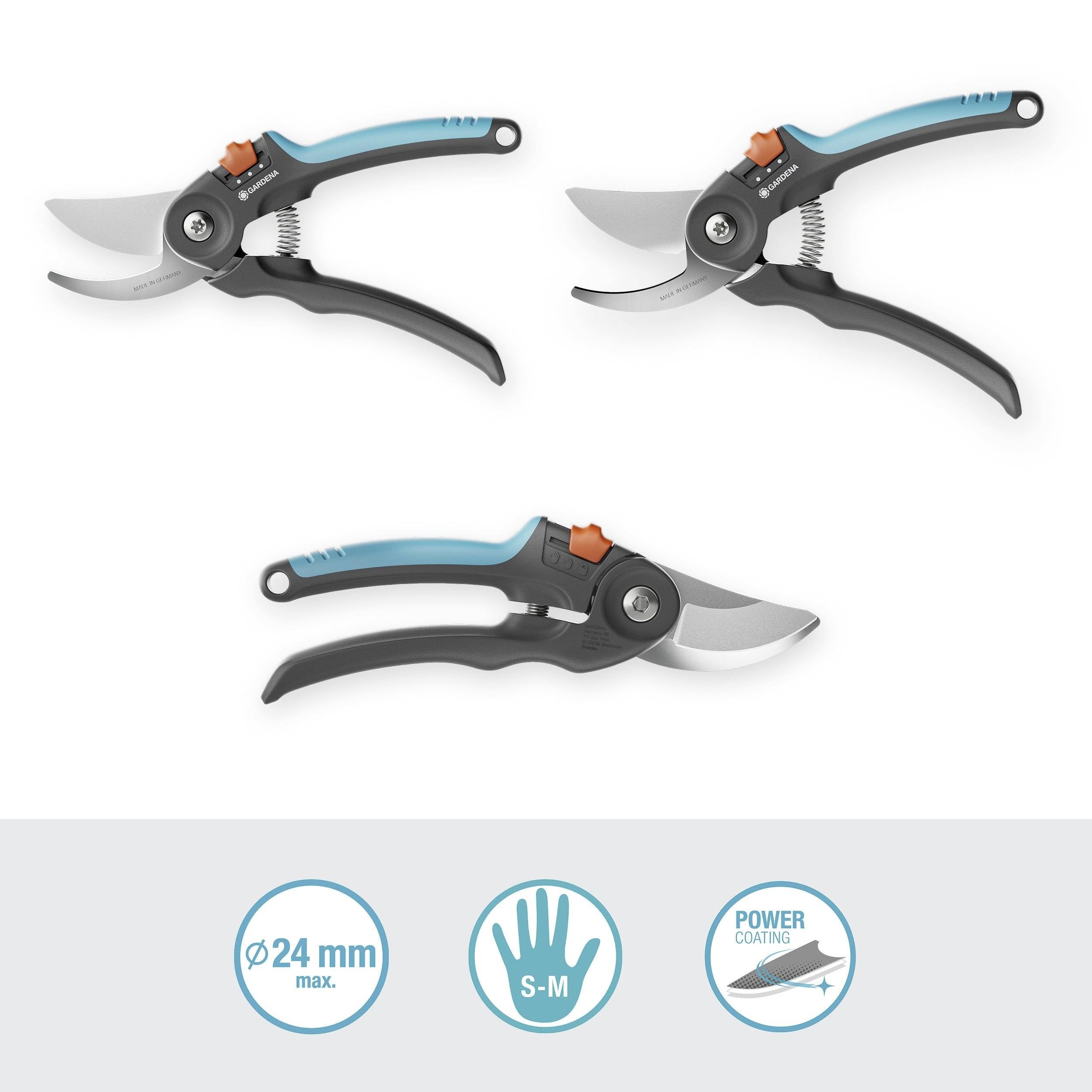 Drei Gartenscheren in verschiedenen Positionen. Symbole darunter zeigen 'Ø24 mm max.', 'Größe S-M', 'Power Coating'.