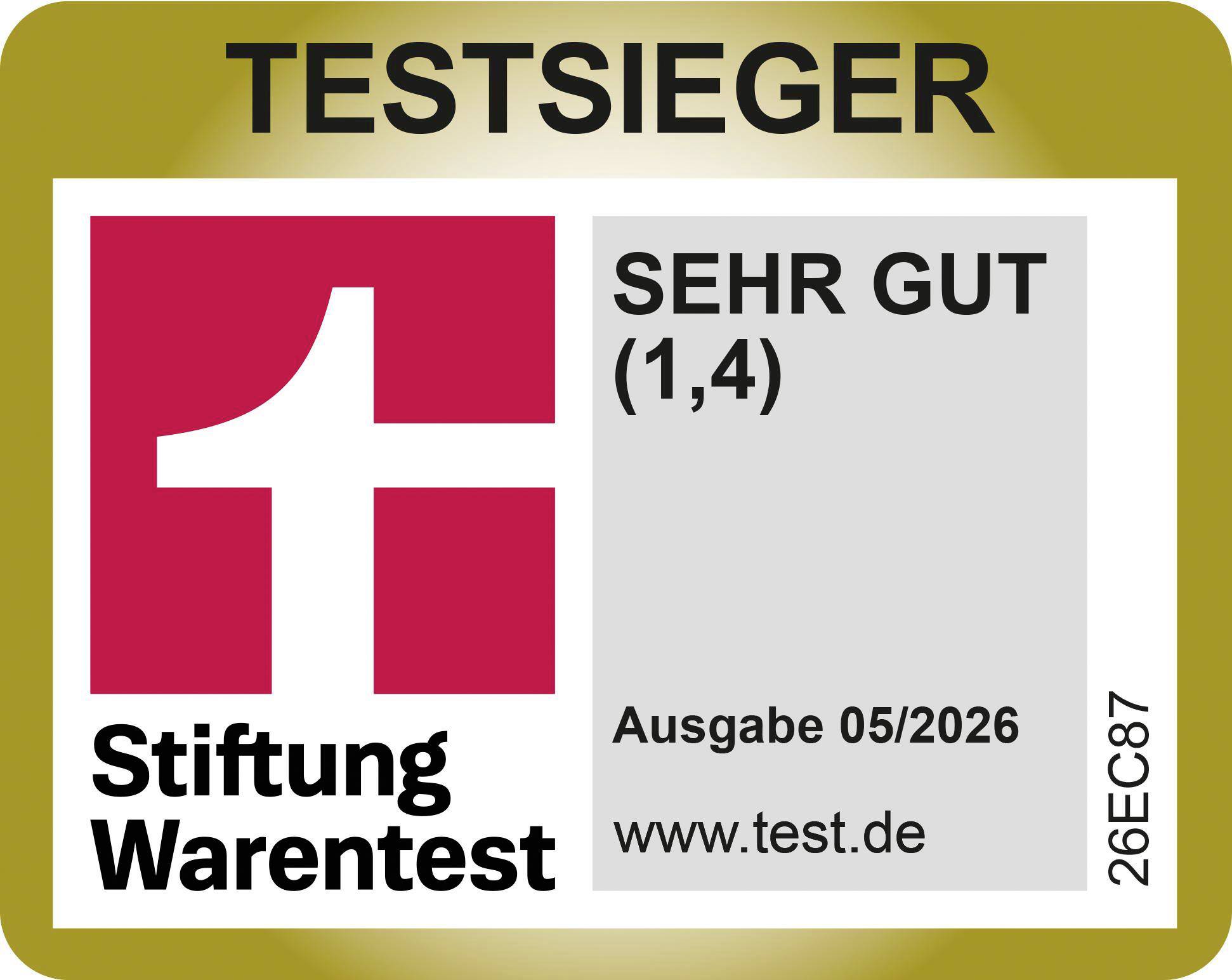 Stiftung Warentest „Testsieger"-Abzeichen mit Bewertung „SEHR GUT (1,4)" für Ausgabe 05/2026.