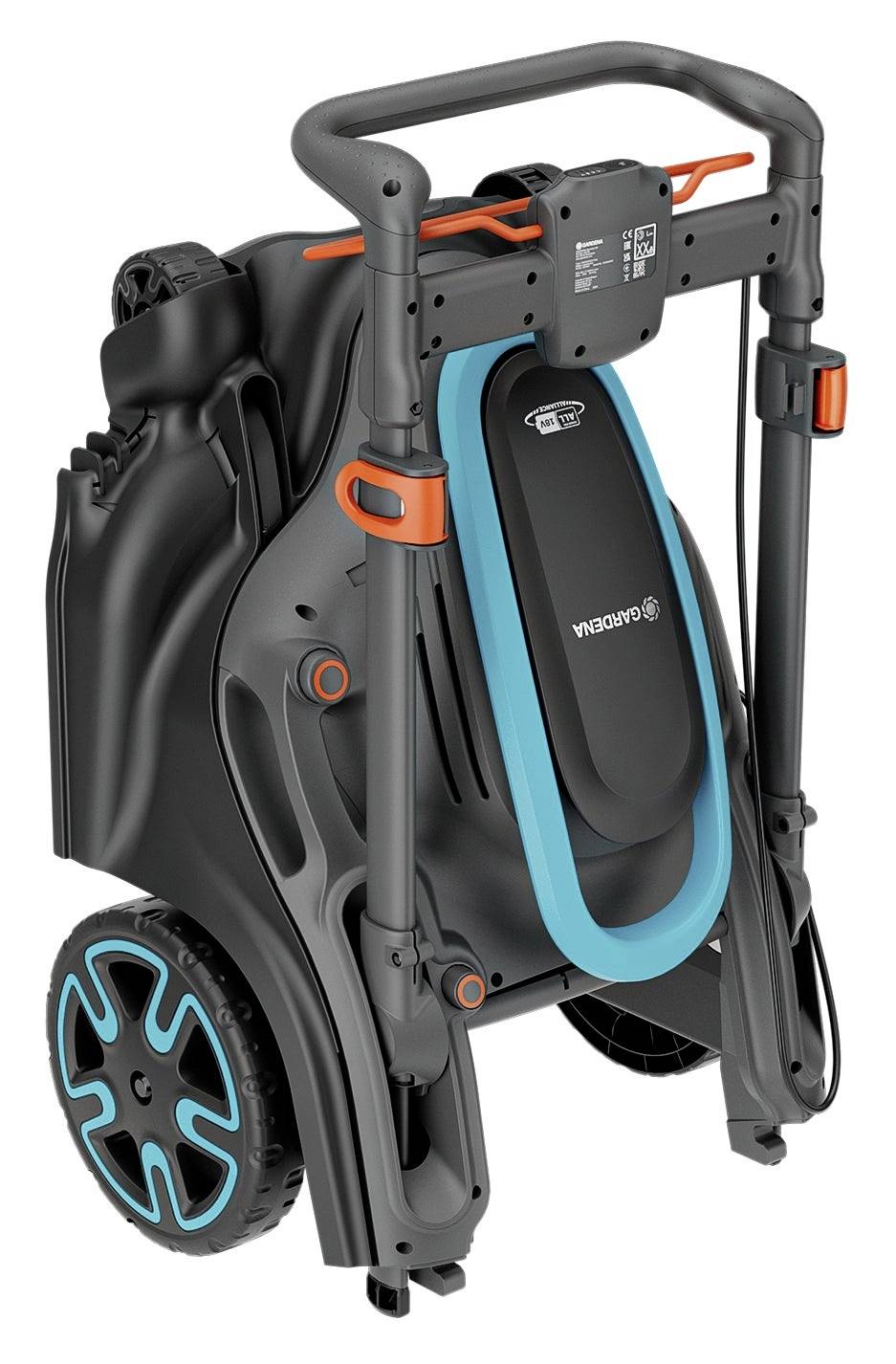 Zusammengeklappter Rasenmäher mit blauen und orangenen Details. Kompakt und tragbar, geeignet für einfache Aufbewahrung.