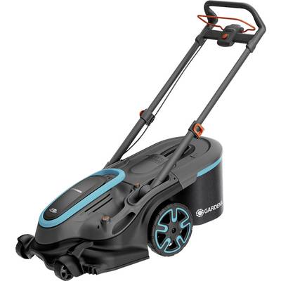 Elektrischer Rasenmäher in Schwarz mit blauen Details, ergonomischem Griff und großem Grasfangkorb; ideal für mittelgroße Gärten.