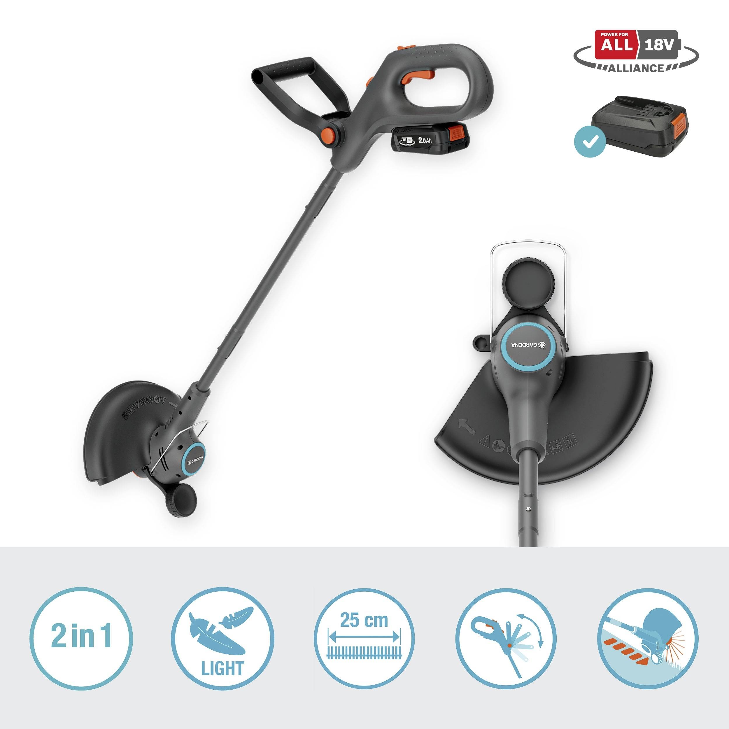 Ein kabelloser Rasentrimmer, grau, mit 18V Akku. Enthält Wechselkopf für Kantenschneiden, 25 cm Schnittbreite. Piktogramme unten: leicht, 2-in-1 Funktion, 25 cm.