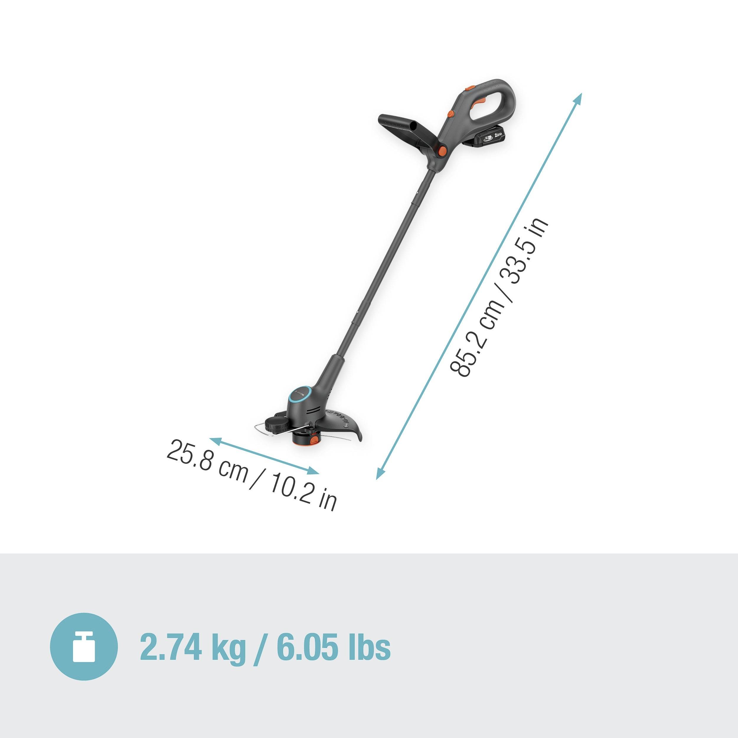 Elektrischer Rasentrimmer mit den Maßen 86,2 cm x 25,8 cm. Gewicht: 2,74 kg.