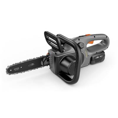 Elektrische Kettensäge mit grauem Gehäuse und schwarzem Schwert. Akku-betrieben, ergonomischer Griff, für Gartenarbeiten geeignet.