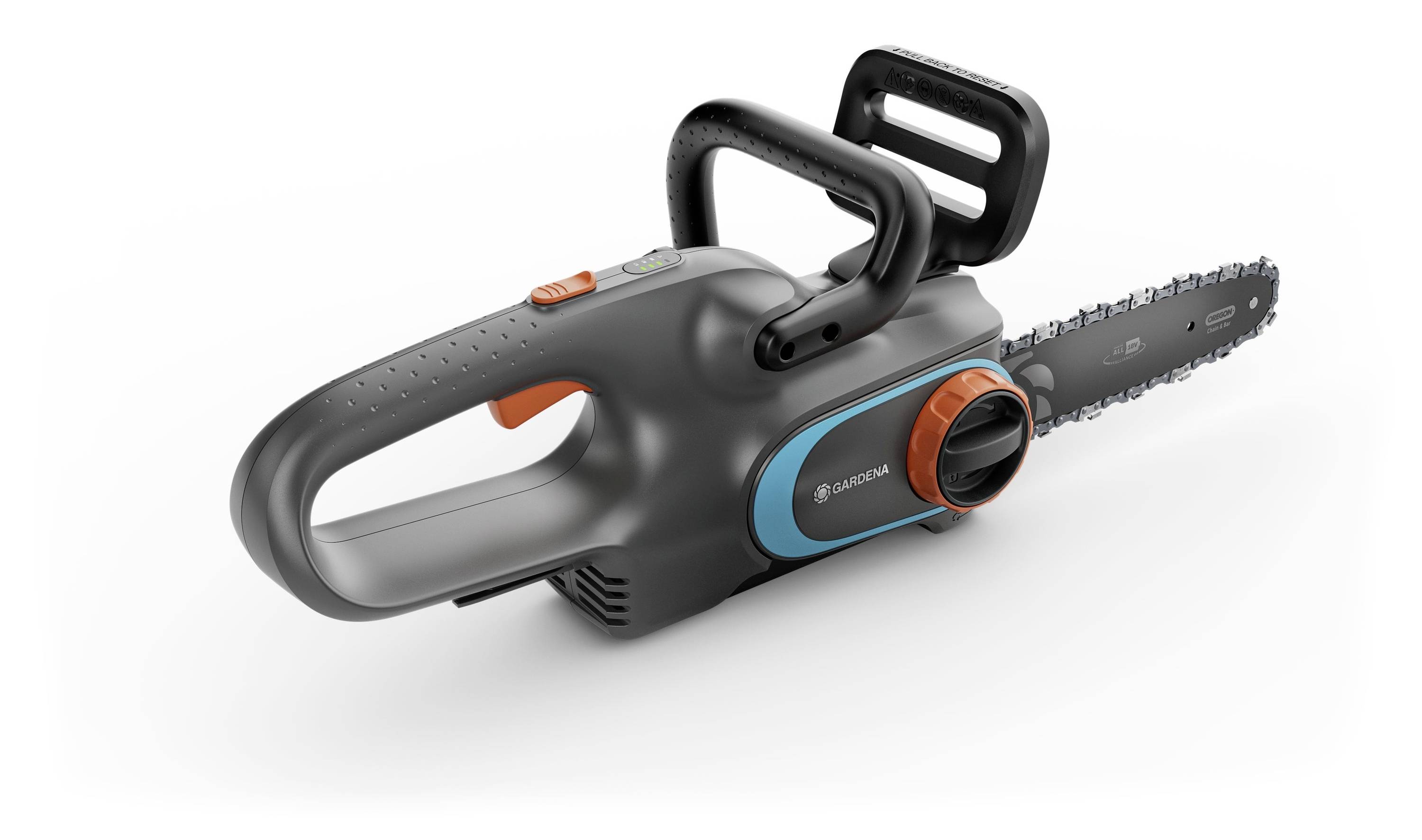 Eine elektrische Kettensäge mit ergonomischem Griff und sichtbarem Kettenblatt, geeignet für Gartenarbeiten.