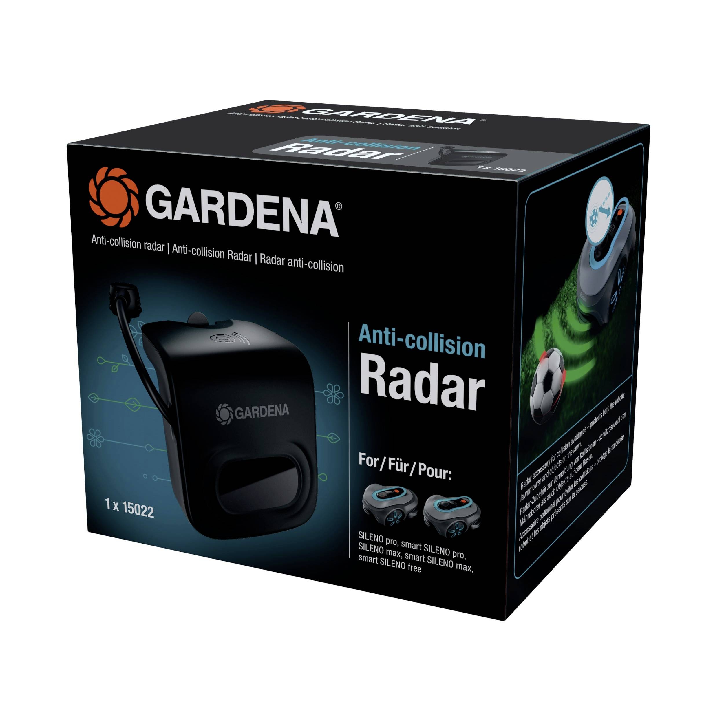 Die Verpackung zeigt einen 'Anti-Kollisions-Radar' von Gardena, geeignet für SILENO Rasenmähroboter, um Hindernissen wie einem Fußball auszuweichen.