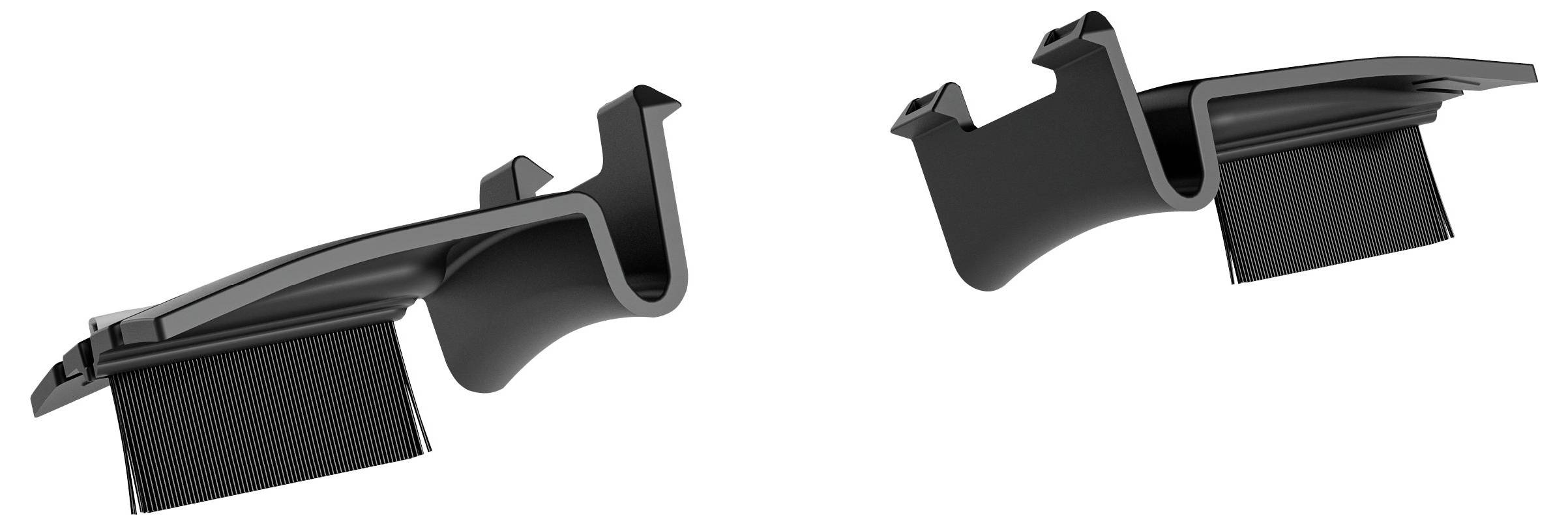 Zwei Bauteile in L-Form aus schwarzem Material, möglicherweise für technische oder industrielle Anwendungen gedacht, nebeneinander.