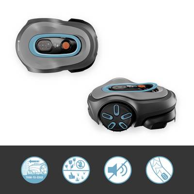 Zwei Roboter-Rasenmäher verschiedener Perspektiven. Unten Symbole für Trimm-zu-Rand, Mähmodi und Steuerungsoptionen.