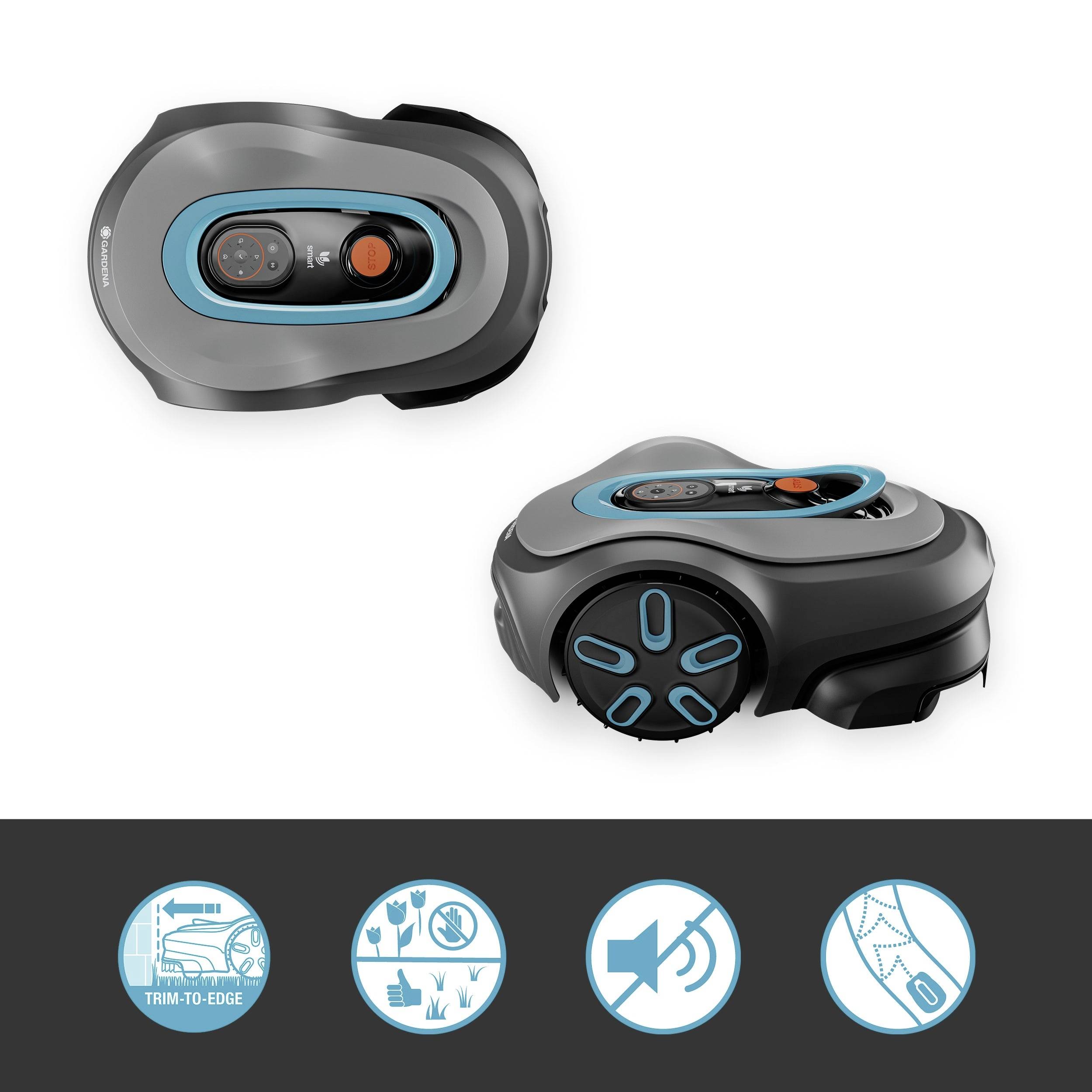 Oben zwei Ansichten eines Rasenmähroboters, darunter Symbole für Kantenmähmodus, Wetterschutz, leises Mähen und einfache Bedienung.