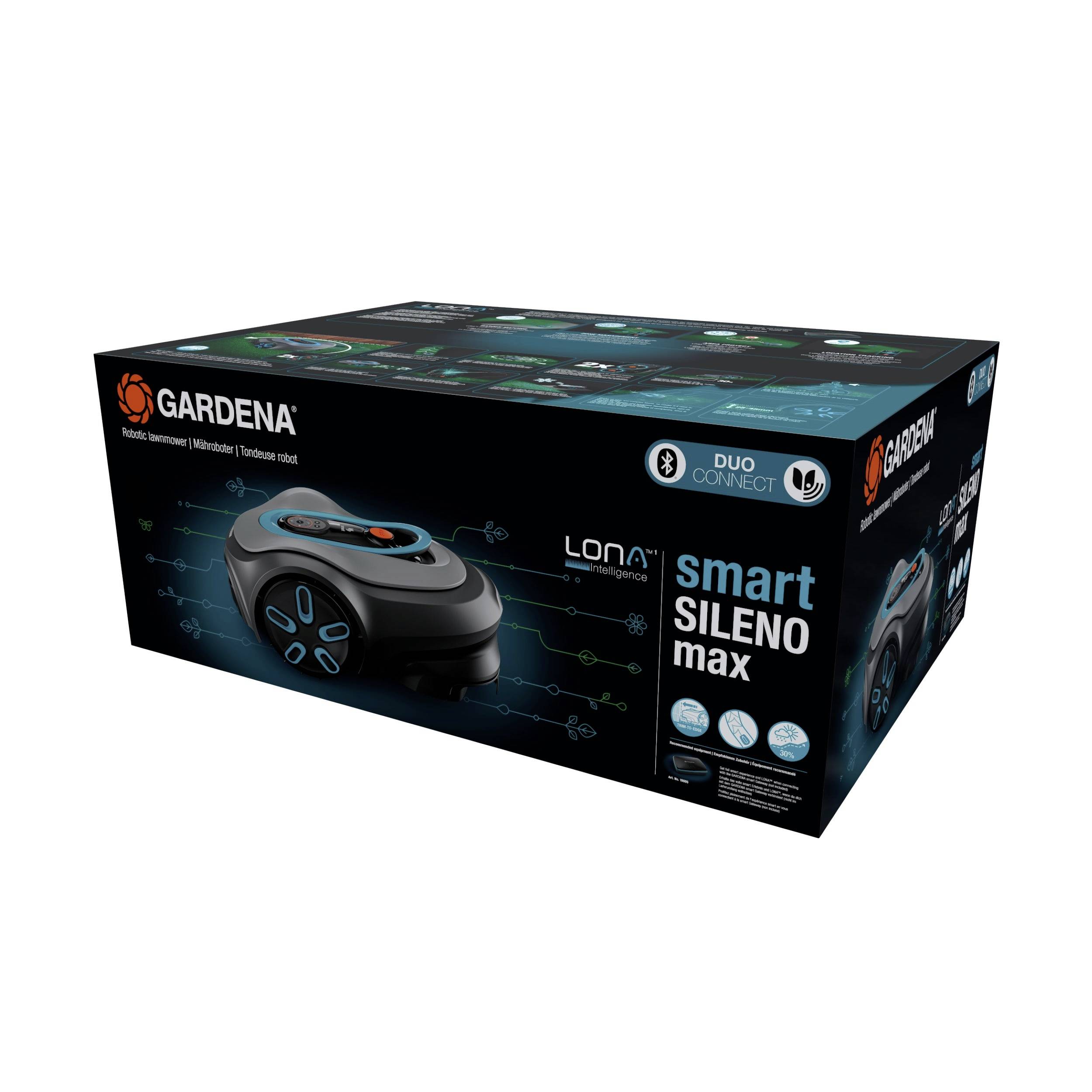 Eine Verpackung eines Gardena smart SILENO max Mähroboters. Auf der Box sind technische Details und Grafiken des Produkts abgebildet.