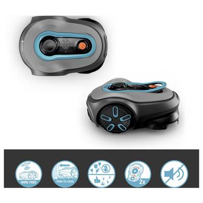 Robotischer Rasenmäher in Silber und Blau mit fünf Symbolen darunter, die Funktionen zeigen: drahtlos, präzises Schneiden, Verwaltung mehrerer Flächen und leiser Betrieb.