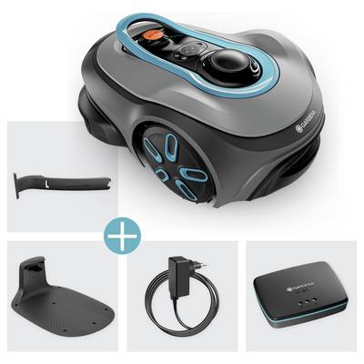 Ein Roboter-Rasenmäher in Grau und Blau mit Zubehör, einschließlich einer Basisstation, einem Stromadapter und einem Steuergerät, die darunter angezeigt werden.