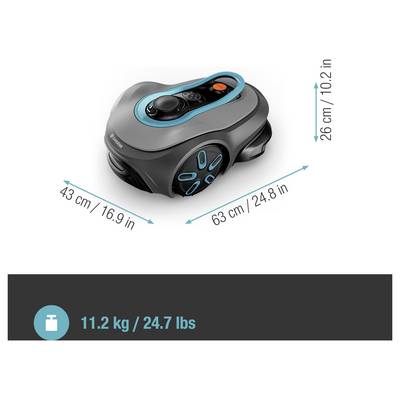 'Automower' Roboter-Rasenmäher, 63 cm lang, 43 cm breit, 26 cm hoch. Wiegt 11,2 kg (24,7 lbs). Schwarz-blaues Design mit Rädern.
