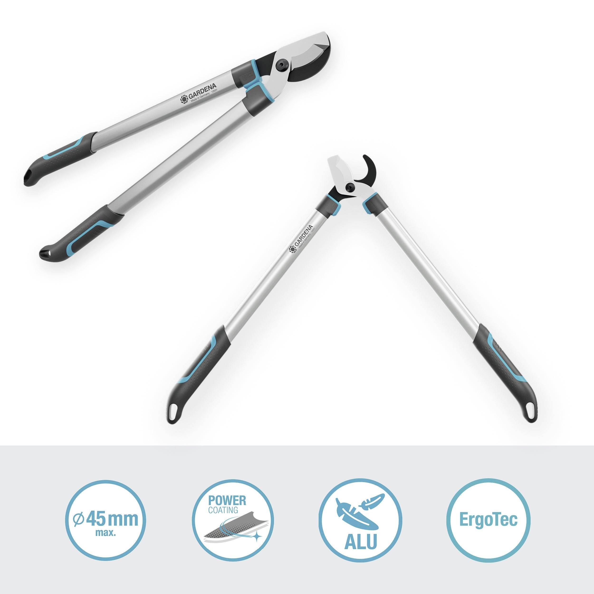 Astscheren-Set: Große Astschere mit alufarbigen Griffen und schwarzem Schneidkopf. Piktogramme: Schneiddurchmesser, Beschichtung, Aluminium, ErgoTec-Handgriff.