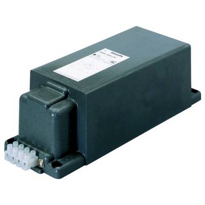 Ein rechteckiger, dunkelgrüner elektrischer Transformator mit Anschlüssen an der Vorderseite und einem Aufkleber mit technischen Daten oben.