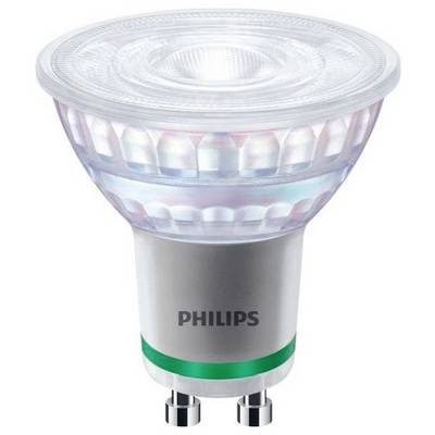 Eine LED-Glühbirne von Philips mit GU10-Sockel. Die Oberfläche ist facettiert und farbenfroh schimmernd.