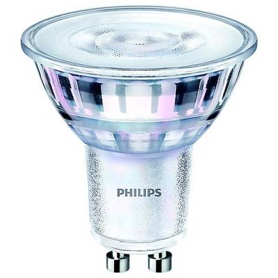 Eine LED-Spotlampe mit GU10-Fassung von Philips. Sie ist transparent mit einem silbernen Sockel, geeignet für energiesparende Beleuchtung.