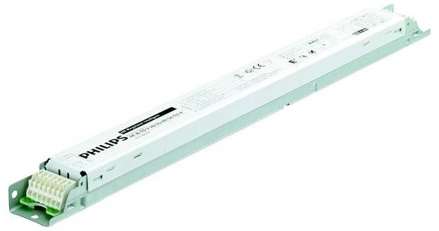 Ein längliches elektrisches Vorschaltgerät von Philips mit Befestigungselementen, verwendet zur Regelung der Stromzufuhr in Beleuchtungssystemen.