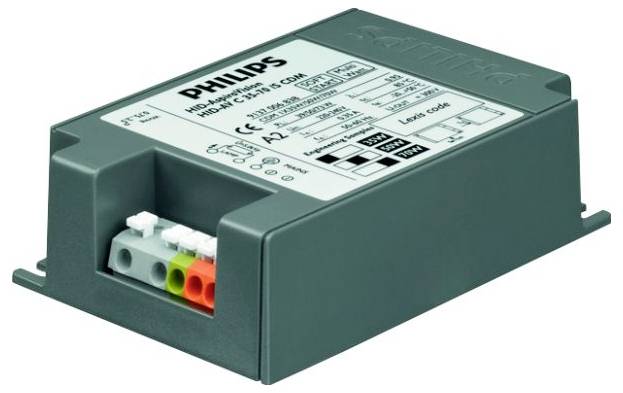 Elektronisches Vorschaltgerät von Philips in grauem Gehäuse mit Anschlussklemmen und technischen Spezifikationen aufgedruckt.