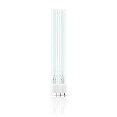 Eine längliche UV-Lampe mit zwei Röhren und einem weißen Sockel mit vier Metallkontakten für technische Anwendungen.