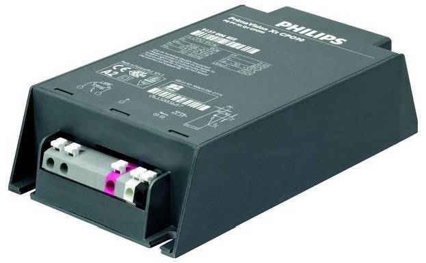 Ein rechteckiges elektronisches Vorschaltgerät der Marke Philips, schwarz, mit mehreren Anschlüssen und technischen Spezifikationen aufgedruckt.