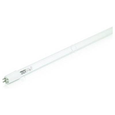 Eine lange, durchsichtige UV-Lampe mit vier Stiften am Ende, die auf einer weißen Oberfläche liegt.