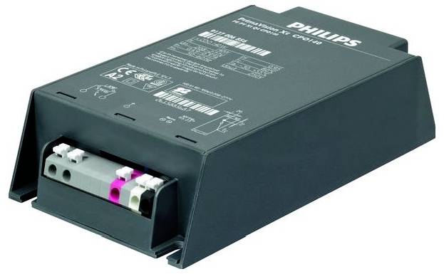 Elektronisches Vorschaltgerät von Philips, schwarz, rechteckig, mit Anschlussbuchsen und aufgedruckten technischen Spezifikationen.