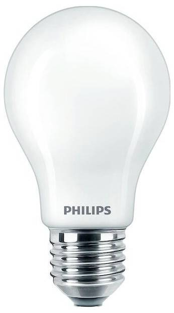 Eine weiße Philips-Glühbirne in klassischer Form mit Schraubsockel, geeignet für allgemeine Beleuchtungszwecke.