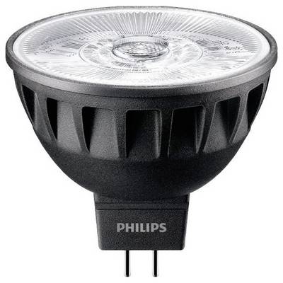 Eine schwarze Philips LED-Glühlampe mit GU5.3-Sockel und transparentem Vorderteil, geeignet für gerichtete Beleuchtung.