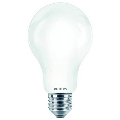 Eine Glühbirne der Marke Philips, klassische Form mit silbernem Sockel, vor weißem Hintergrund.