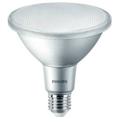 Eine silberne LED-Glühbirne von Philips mit Schraubsockel, konische Form und strukturiertem Glas, geeignet für Wohn- und Geschäftsräume.
