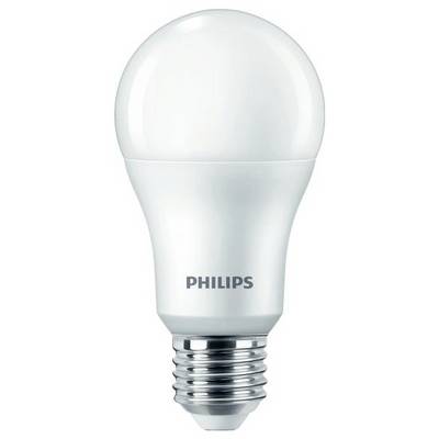 Eine weiße LED-Glühbirne der Marke Philips mit E27-Schraubsockel.