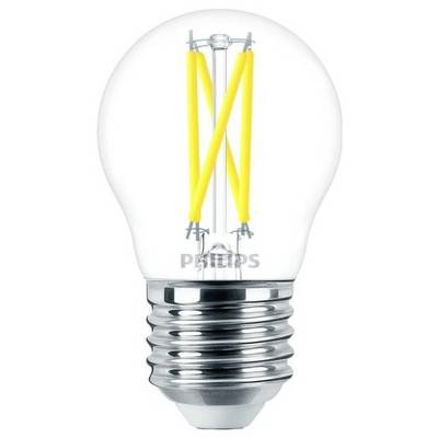 Glühbirne mit sichtbarem Filament und Metallfassung, Markenname in der Mitte.