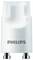 Weißer Philips Wasserfilter für Wasserhähne, zylindrische Form, zwei Silberanschlüsse unten.