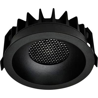 Ein runder, schwarzer LED-Deckeneinbaustrahler mit Gittermuster in der Mitte. Der Strahler hat ein robustes, geripptes Design.