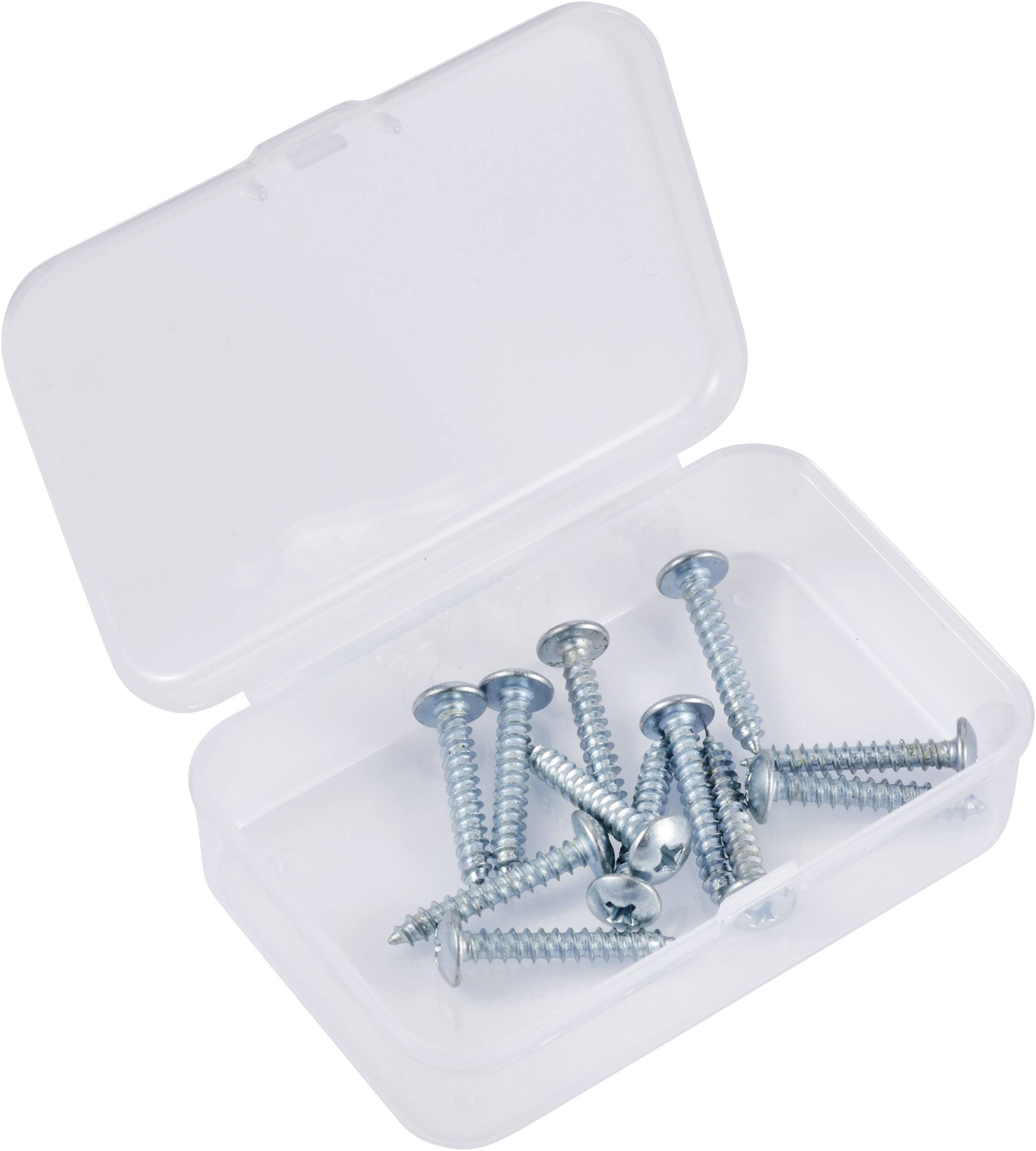 Metallschrauben in einer durchsichtigen Plastikbox; acht Schrauben sichtbar.