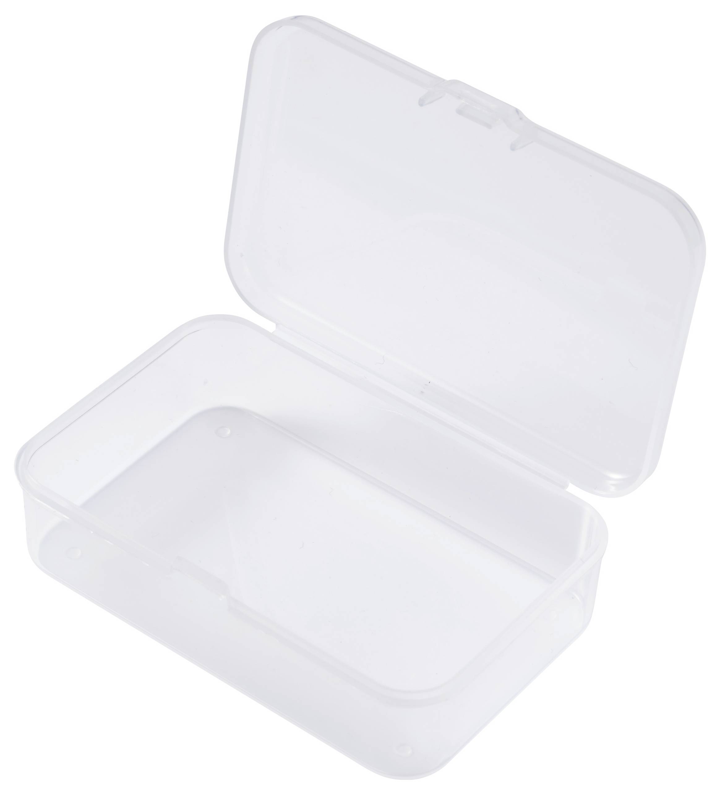 Transparente, leere Kunststoffbox mit offenem Deckel, geeignet zur Aufbewahrung kleiner Gegenstände oder Werkzeuge.