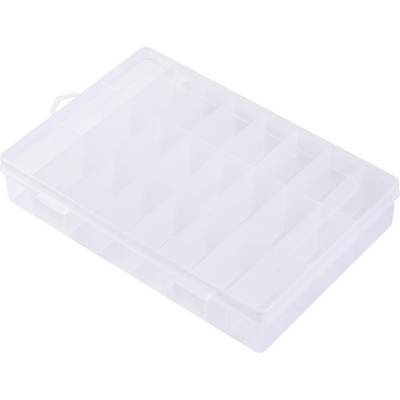 Durchsichtige, leere Aufbewahrungsbox mit mehreren Fächern, geeignet zum Organisieren kleiner Gegenstände.