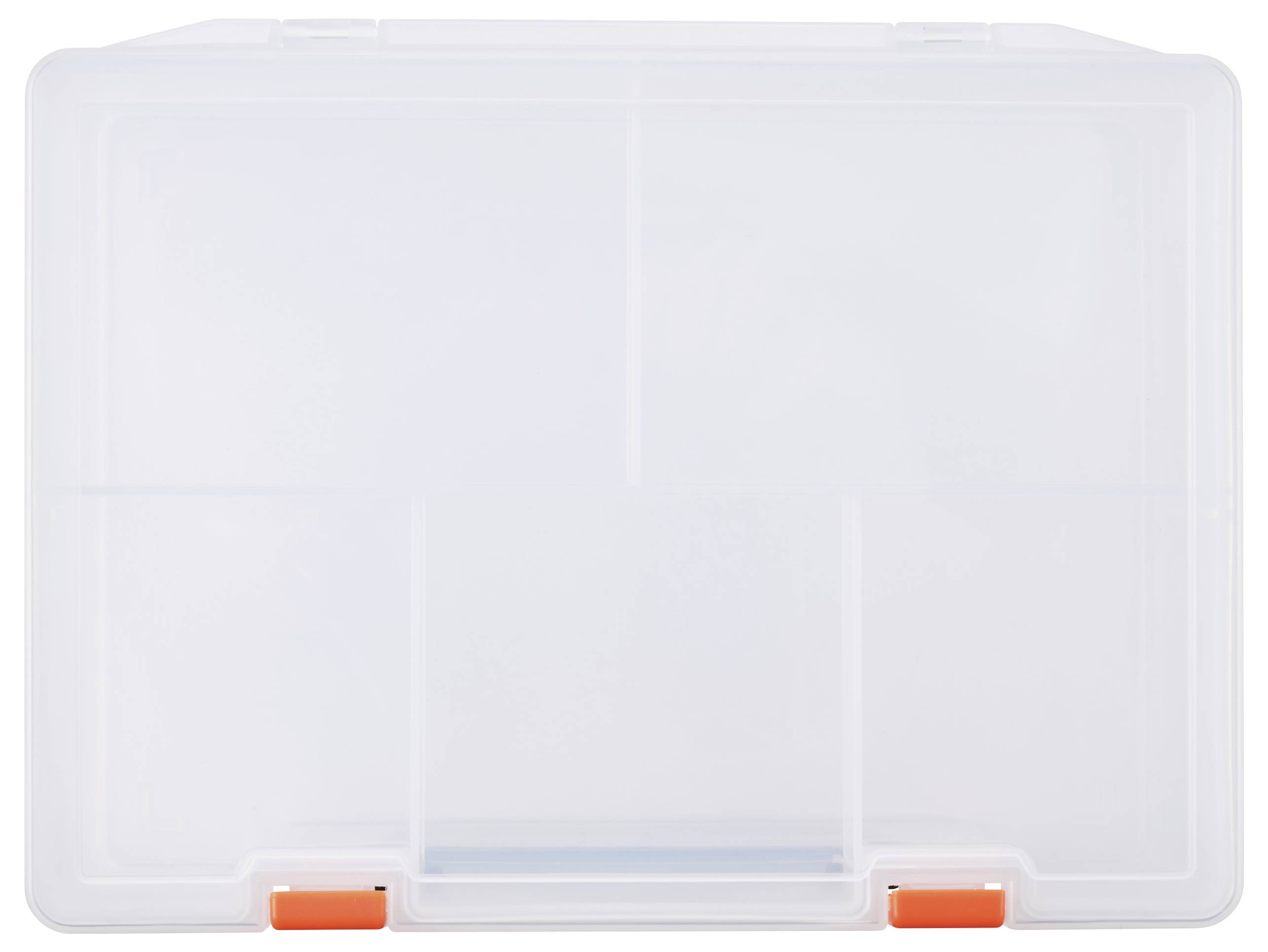 Transparente Kunststoffbox mit zwei orangefarbenen Verschlüssen. Ideal für Aufbewahrung und Organisation kleiner Gegenstände.